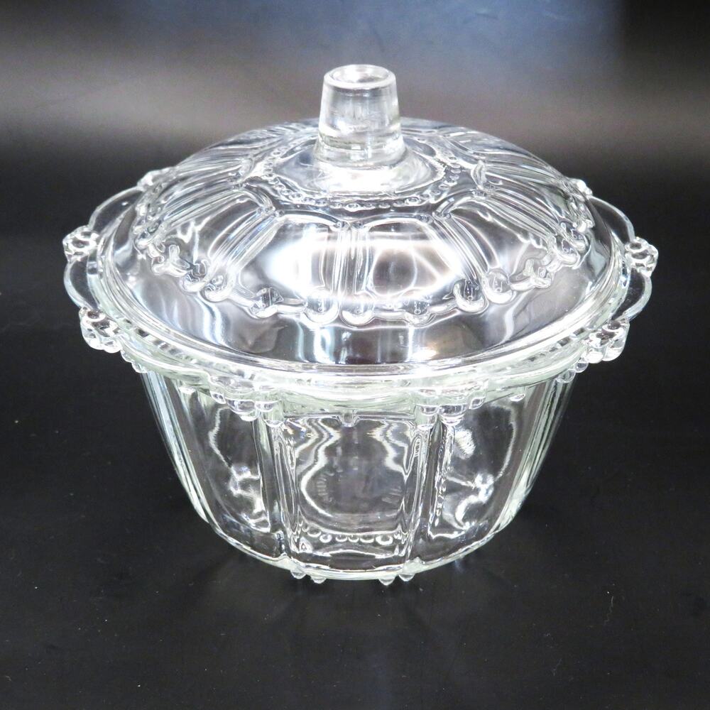 Vintage KIG Indonesia Clear Pressed Glass Covered Candy Dish Ornate Floral 5 in